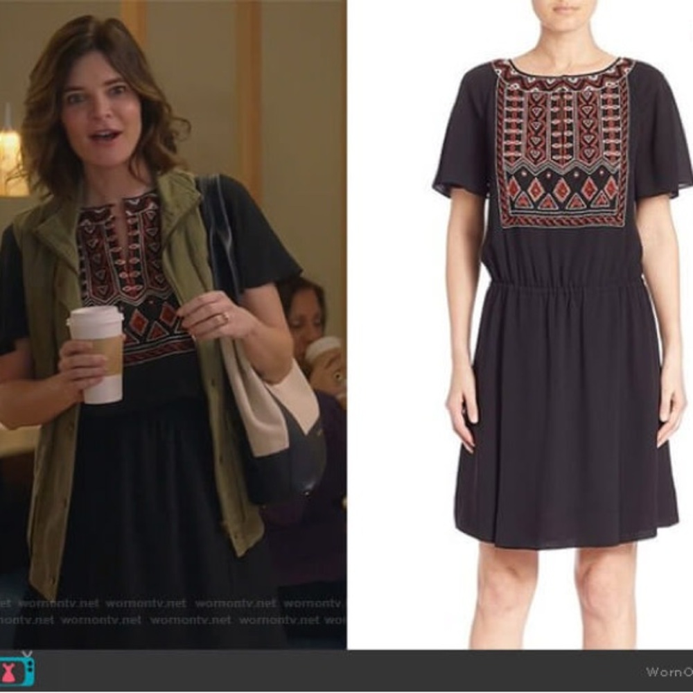 Tory Burch Black Bristol 100% Silk‎ Short Sleeves Embroidered Mini Dress size 4